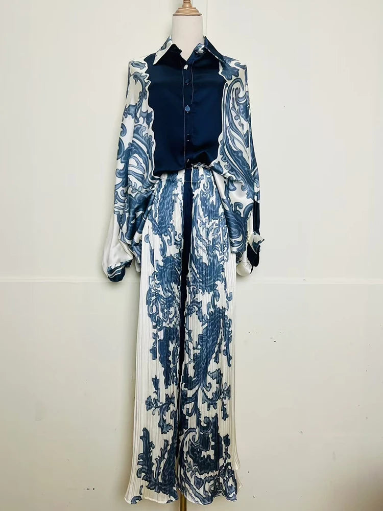 Designer's retro geometric print loose shirt two-piece set for Spring 2025 women's wear + pleated wide-leg pants fashion set.