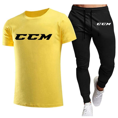 CCM New Men's Tracksuits summer men's sets fitness wear short-sleeved T-shirts+trousers set cotton brand Men's clothing.