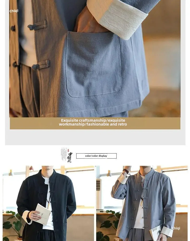 Traditional Chinese Men's Tang Suit Cotton Linen Ancient Costume Tea Servant Zen Meditation Clothing Middle Mountain Hanfu.