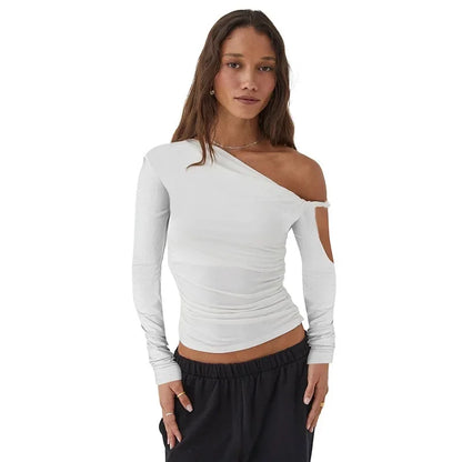 Autumn Asymmetric Single Shoulder Long Sleeve Pleated Solid Color New Style YTP Women's Top Asymmetrical Neckline T-shirt.