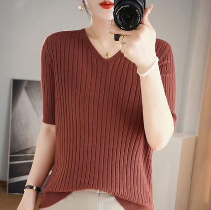 Frauen Pullover Frühling Sommer Kurzarm V-ausschnitt Strick Hemd Casual Koreanische Pullover Streifen Bodenbildung Shirt Slim Fit Jumper