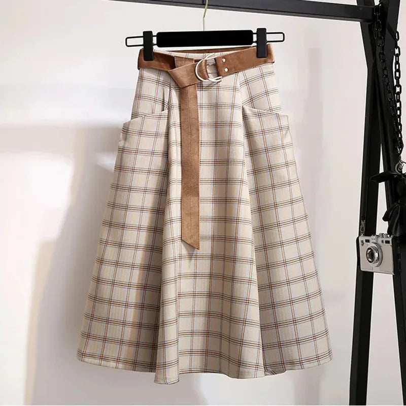 Plaid Vantage High Waist A-line Loose With Belt Pocket Women's Skirt Korean Fashion Mid-Calf Long Skirts For Women 2024 Spring.