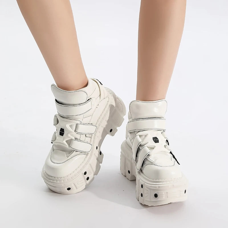Gothic Ankle Rock Boots 2025 New Punk Style Women Shoes Lace-up White Platform Shoes Woman Metal Decor Woman Sneakers.