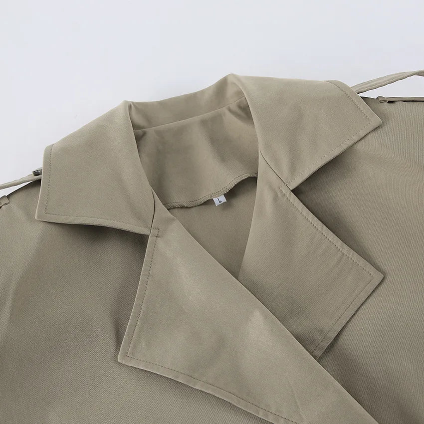 2025 Women Fall Lace-up Cropped Trench Coat Fashion Lapel Long Sleeves Wide Shoulder Windbreaker Jacket Commuting Daily Jackets.