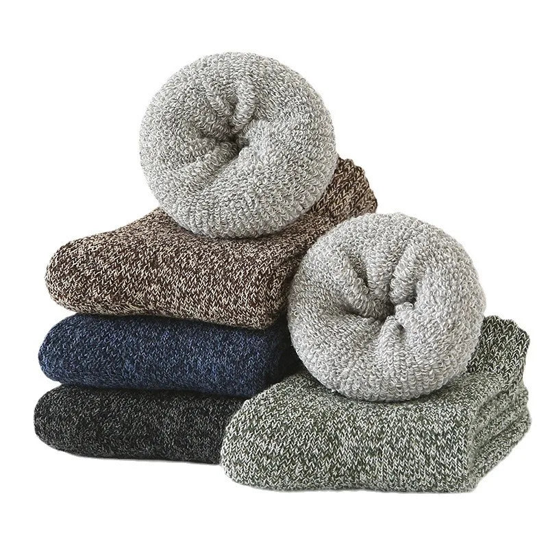 5 pairs of men's mid-calf thick winter fleece-lined thermal terry socks, blended cashmere solid color towel socks.