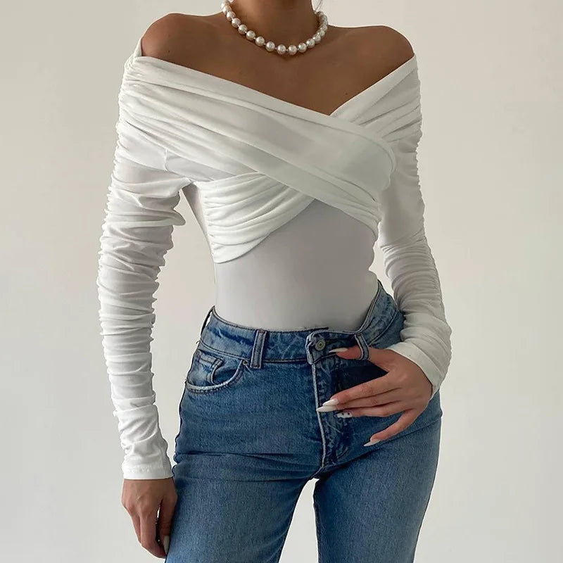 Cryptographic Fashion Ruched Sexy Backless Wrap Bodysuit Elegant Off Shoulder Slim Long Sleeve White Tops One Piece Skinny Fall.