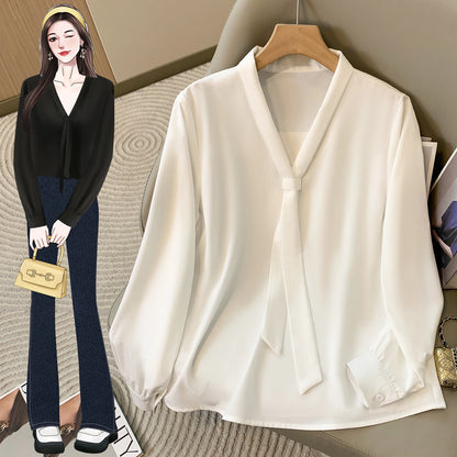Loose Long Sleeve V-Neck Work Shirt for Women Plus Size Women's Blouses Fashion Versatile Autumn Bow Tops Trendy Business Shirts