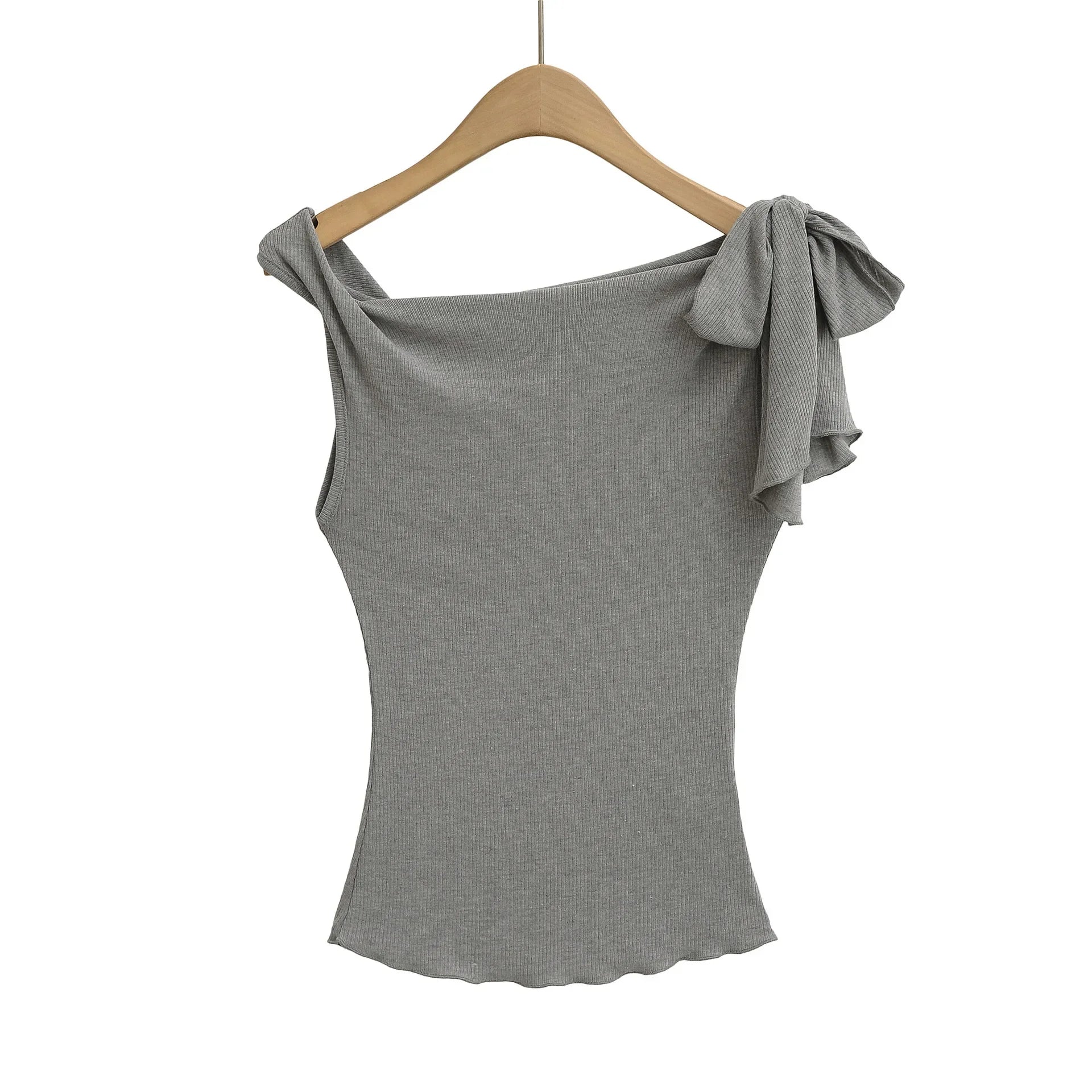 Shoulder Bared Short Sleeve T Shirt Women's Spicy Girl Design Slimming Top Summer New Style One Word Oblique Shoulder Tie Waist.