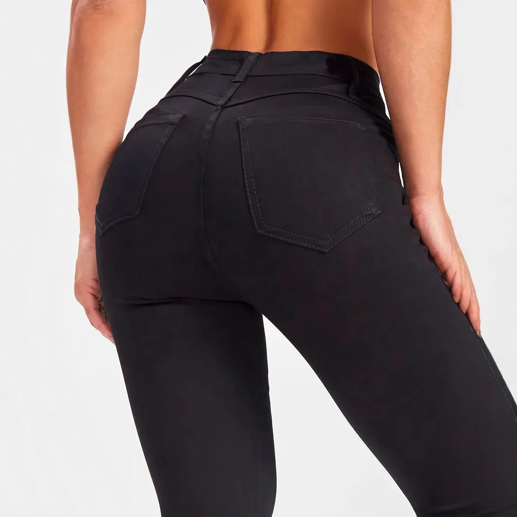 Women's Mid-Waist Slim Fit Black Denim Pants Elastic Casual Style Comfortable Cotton Long Trousers Versatile All-Season Jeans.