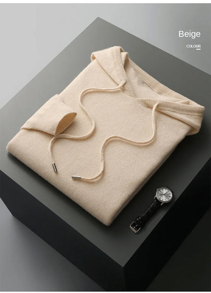 Autumn Winter New Merino Sweater Men's 100% Wool Hooded Collar Knitted Pullover Casual long Sleeved Hoodie