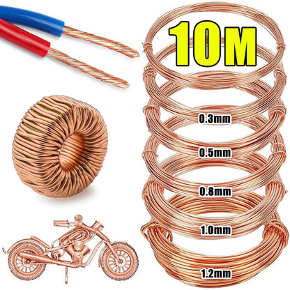 10M T2 Pure Copper Wire Round Coil Conductive Bare Copper Cable Wires for Electric Wire DIY Craft 0.3/0.5/0.8/1/1.2mm.
