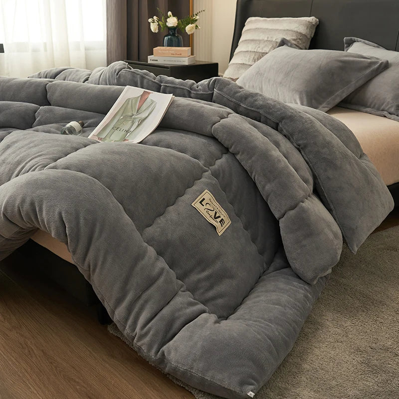 New Milk Velvet Soybean Comforter Grey Winter Keep Warm Duvet Solid Quilt Soft Fleece Thickened Blanket Drop Shippping Full