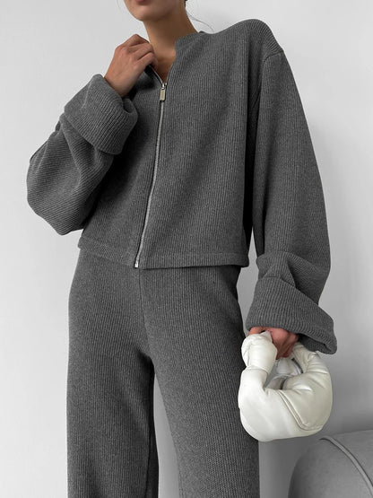 Knit Women 2 Piece Outfit Round Neck Zipper Loose Cuffs Cropped Coat For Lady Sporty Elatic Waist Autumn Female Wide Leg Pants.