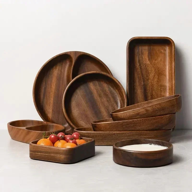 Solid Wood Tray Acacia Wood Premium Kung Fu Tea Small Tray Fruit Snacks Nuts Dessert Plate Desktop Storage Tableware.