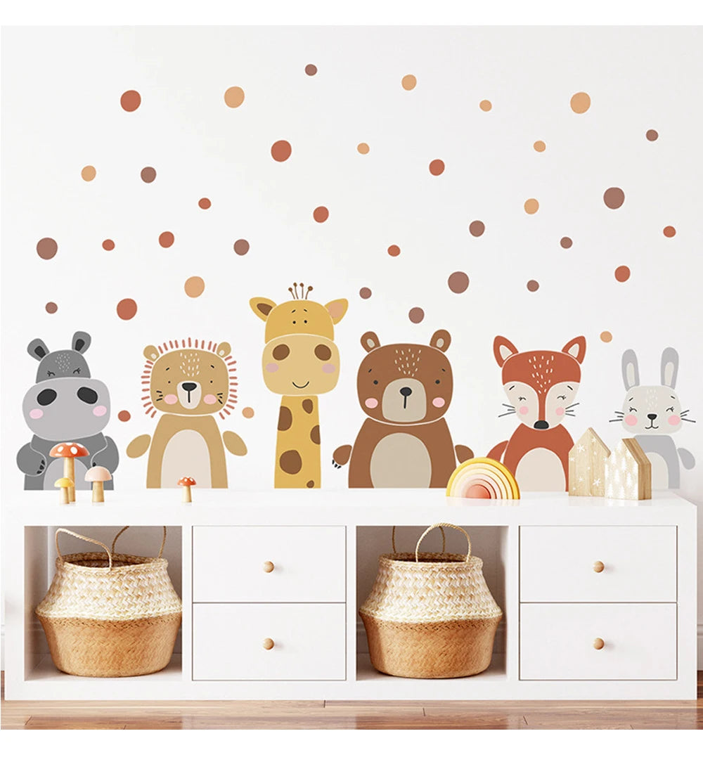 Boho Cute Giraffe Bear Animals Dots Wall Sticker Nursery Vinyl Children's Wall Art Decals for Baby Kids Room Home Decoration.