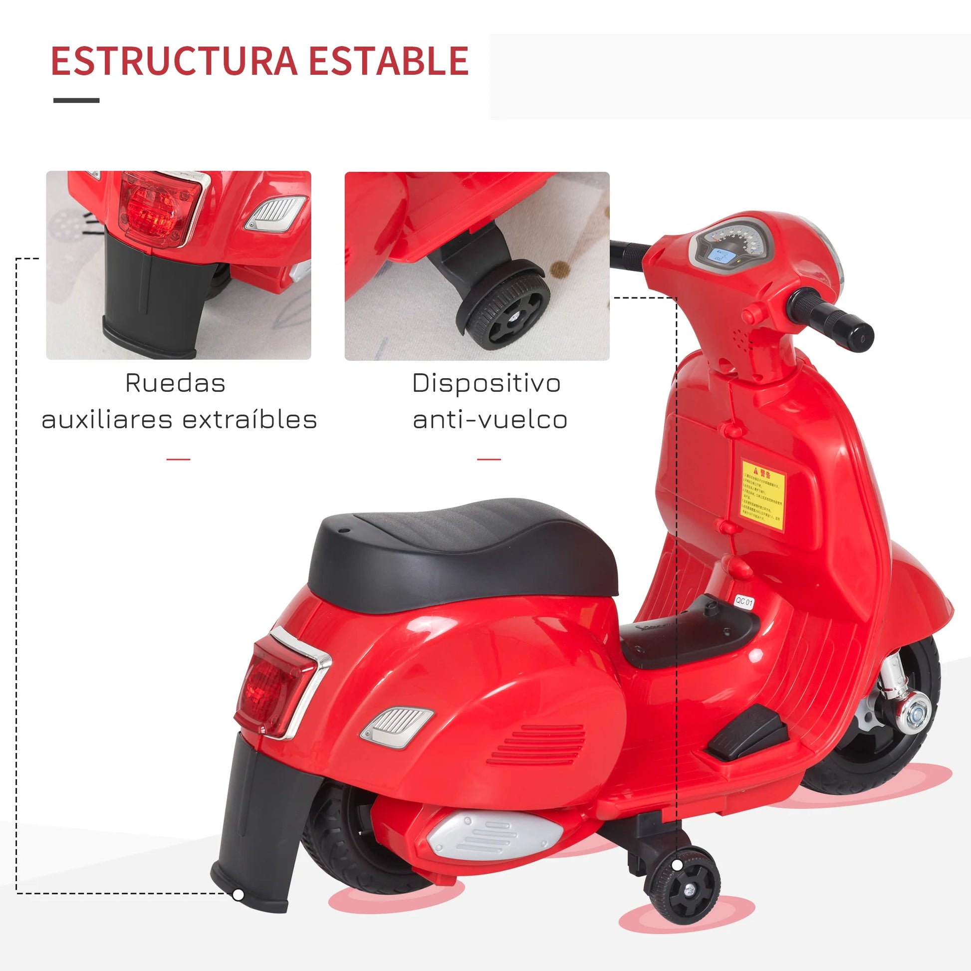 Homcom Vespa Electric Motorcycle for Children 18-36 Months with Headlight Horn 66.5X38X52Cm.