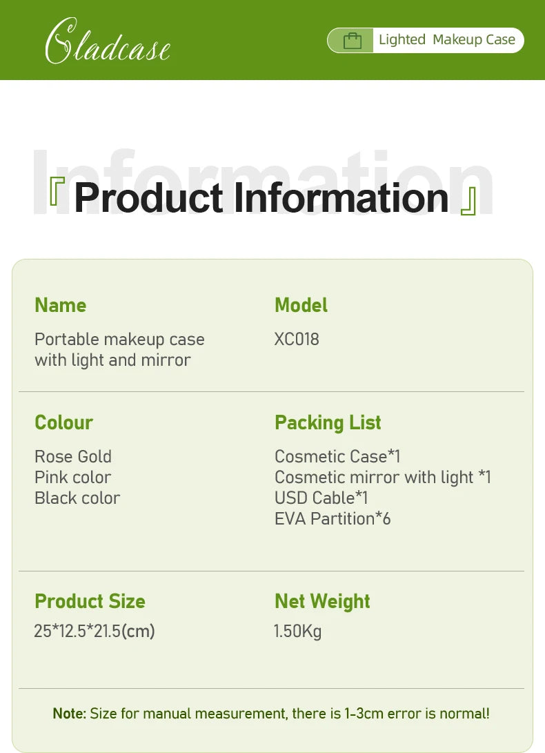 GLADCASE 2025 Portable Makeup Case with adjustable LED light Mirror carry Cosmetic Box Organizer train Beauty for dailry travel.