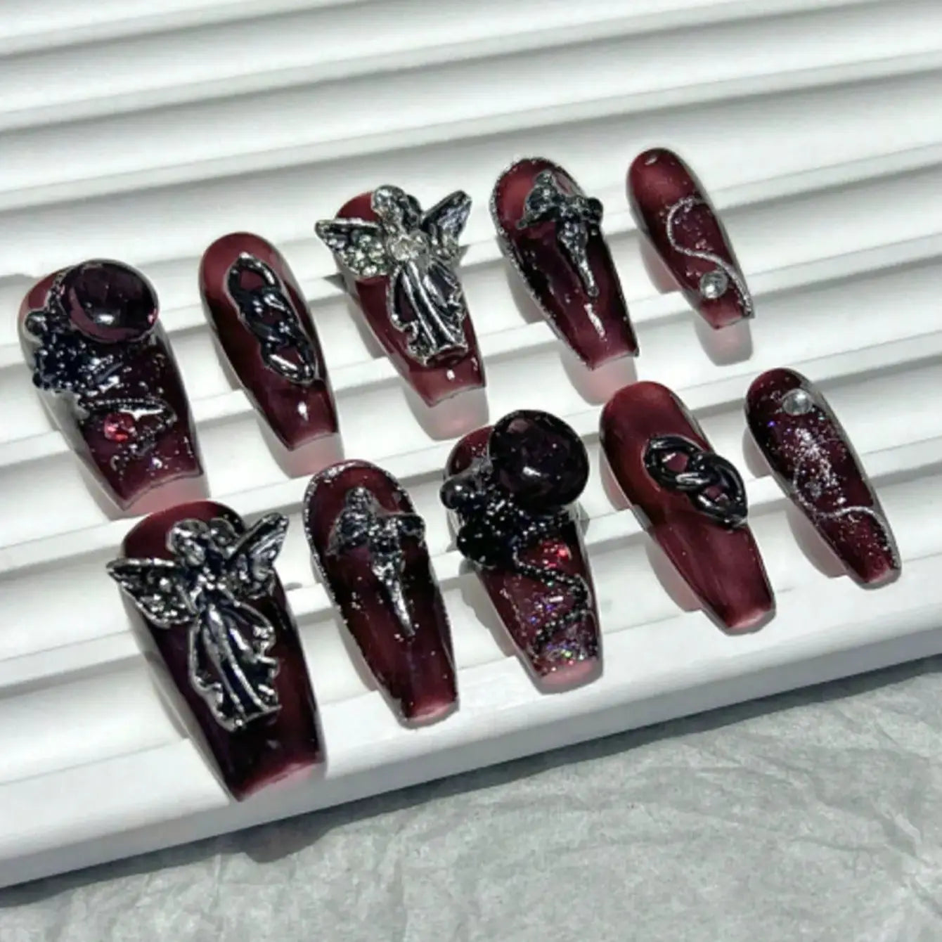 10 Pieces Sweet Cool Dark Style Handmade Wearable Nails Star River Falls Nail Art Patches Scarlet Angel Halloween Fake Nails.