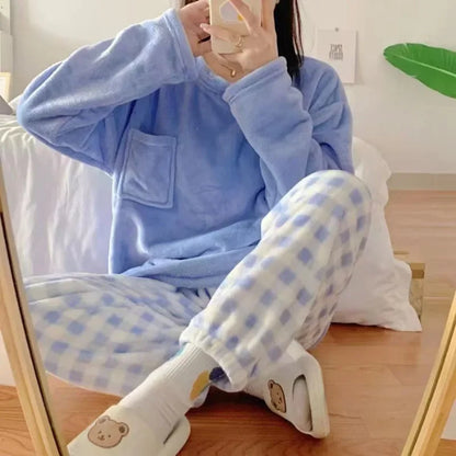 2 Teile/satz Verdickte Warme Flanell Plus Größe frauen Pyjamas Tops und Hosen Nachtwäsche Homewear Winter Cartoon Bär Nachtwäsche