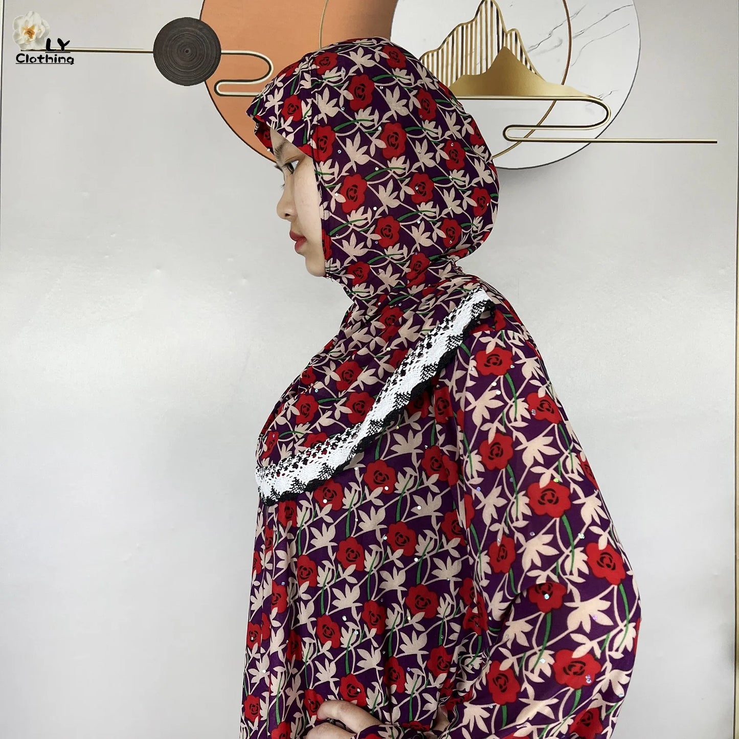 Muslim Ramadan Prayer For Women Long Sleeved Floral 2023Dubai Turkey Middle East Femme Loose Robe African Abayas Headscarf Dress.