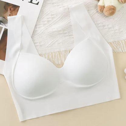 Ice Silk Wireless Bras For Women Comfort Strap Push Up Chest One Piece Outer Wear Bra Traceless Underwear Vneck Female Lingerie.
