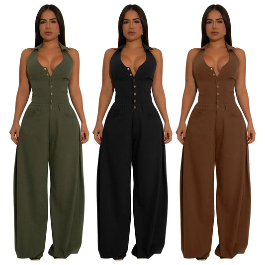 Fashionable Backless Casual Romper with Pockets for Women Summer Breathable Lightweight Solid Color One-Piece Suit.