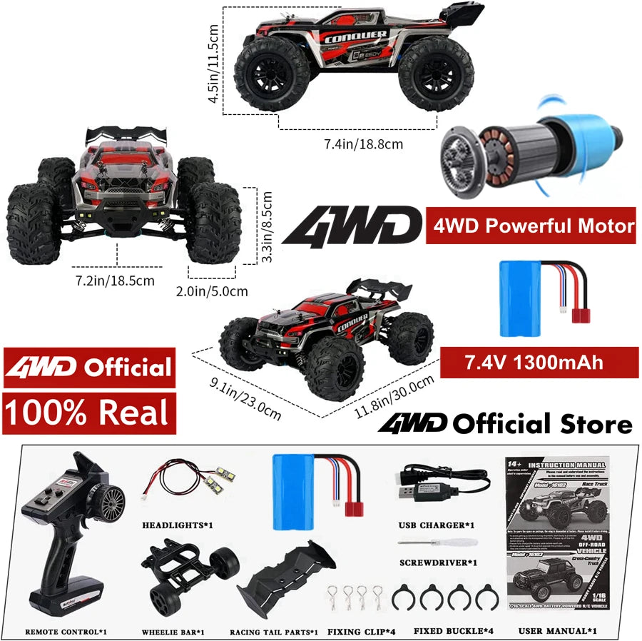 4WD 1:16 80KM/H Super Brushless 50KM/H Brushed RC Car 4x4 Off Road Remote Control High Speed Drift Racing Truck Toy Kids Adults.