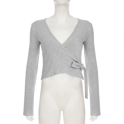 Apprabant Casual Fashion Drawstring High Waist Trousers Set Lace Up Flared Sleeve V Neck Twist Tops Plush Loose Pants Suit