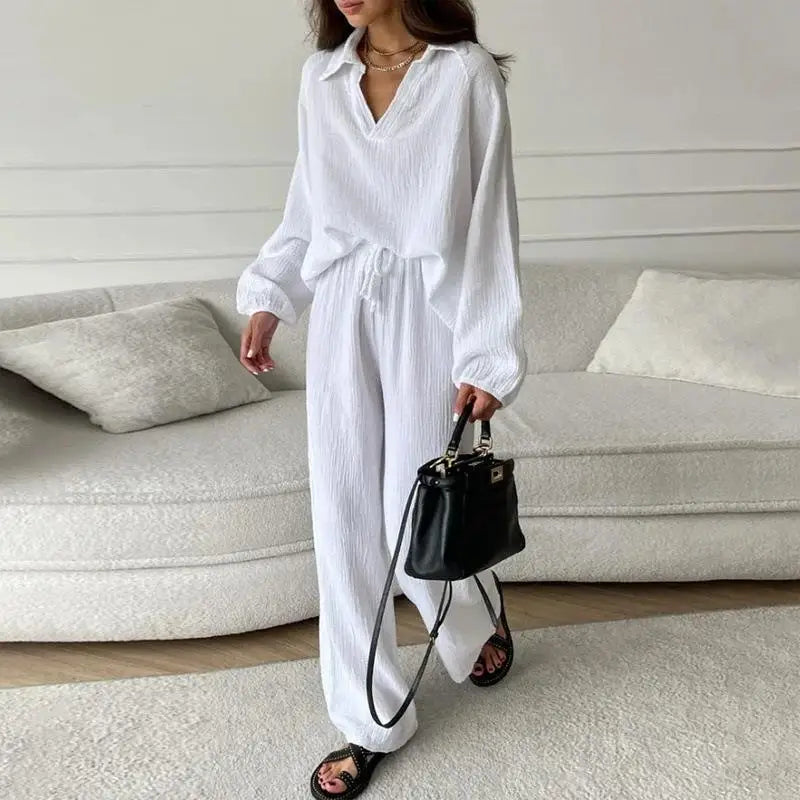 Women's Suit Solid Color Casual Loose 2025 Elegant Spring And Summer Fashion New Long-sleeved Lapel Top + Drawstring Pants Suit.