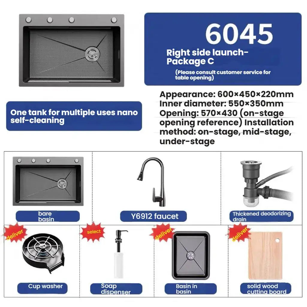 Stainless Steel Kitchen Sink Household Rice Grain Pattern Large Single Slot Wear Resistant Wash Dish Bowl Countertop Basin