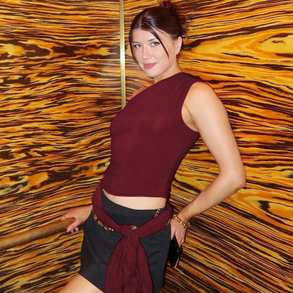 Cryptographic One Shoulder Solid Lace Up Tops Summer Y2K Outfits Sexy Backless Sleeveless Crop Tank Coquette Streetwear Clothes.