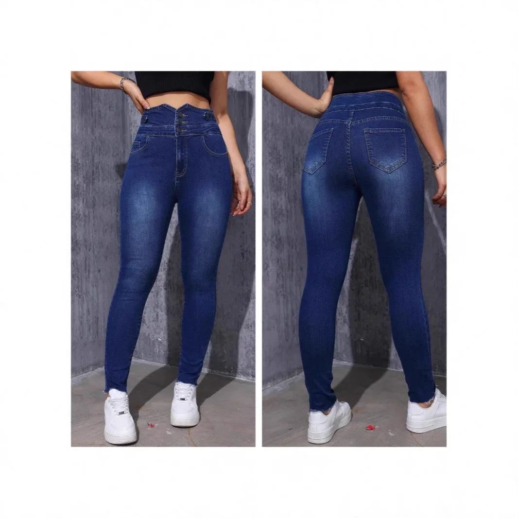 High Waist Elastic Denim Pants Slim Fit Women's Ankle Length Jeans Decorative Button Casual Fashionable Trousers.