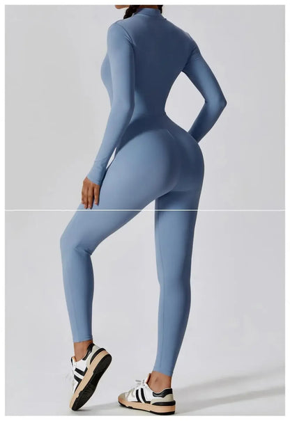 Fall New Long Sleeve Zipper Tight Butt Show Fitness Pants Women Running Sports Training Yoga Clothes Black One-Piece Suit.