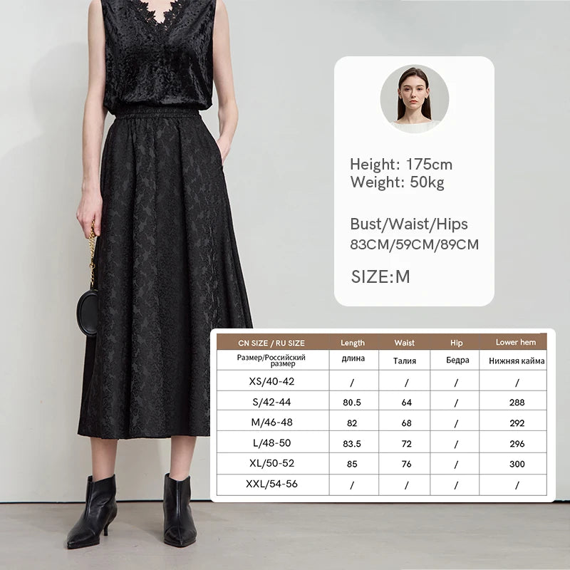 AMII 2025 Arrival Autumn Black A-line Women Skirt  Luxury Style Simple Elegant Elastic Waistband Offcial Lady Blouse 12523037