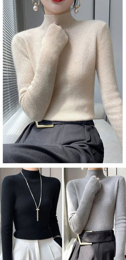 MEXZT Solide Pullover Frauen Hälfte Rollkragen Gestrickte Pullover Harajuku Koreanische Dicke Strickwaren Herbst Winter Mode Schlank Jumper