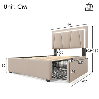 KOMHTOM Polsterbett Einzelbett 90x200 cm, LED-Beleuchtung, 2 Schubladen, höhenverstellbares Kopfteil, ohne Matratze