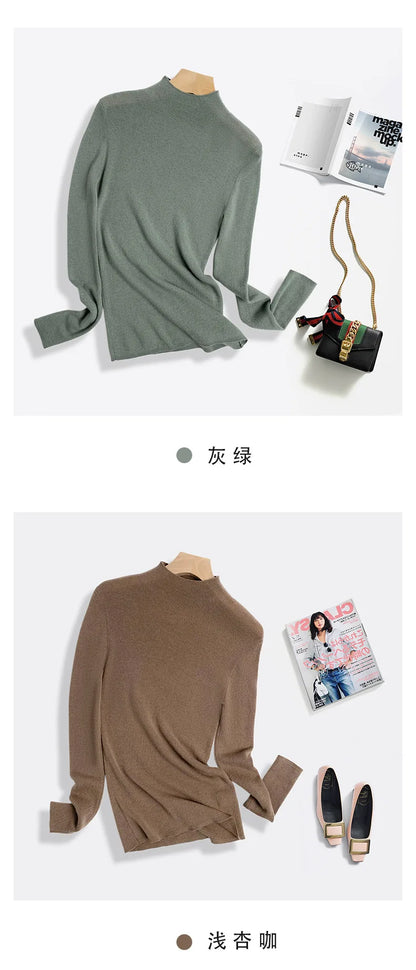 100% Ultra-fine Merino Wool Sweater Autumn and Winter Loose and Simple Semi-turtleneck Wool Bottoming Shirt Multi-color Sweater.