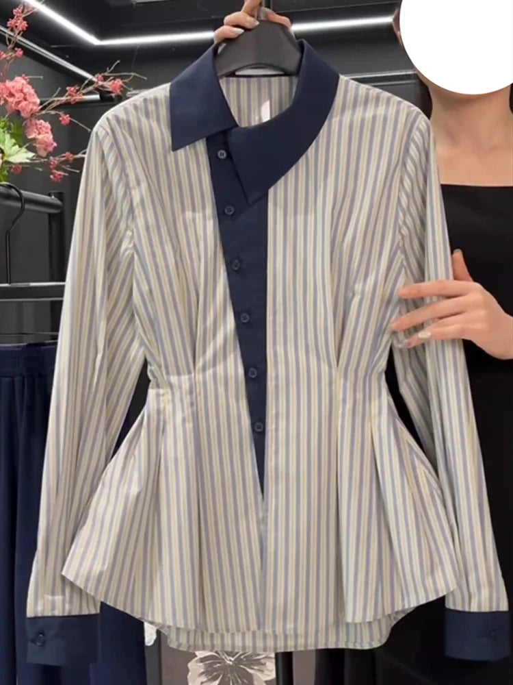 Temperament waist cinching slimming blue striped shirt spring 2025 new fat MM fashion contrasting long sleeved shirt.