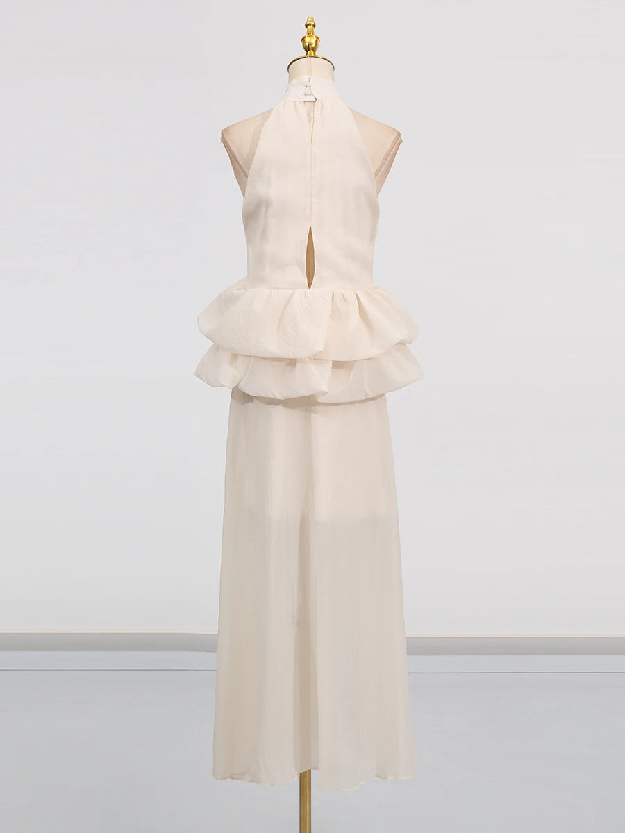 VGH Solide Abend Gespleißt Rüschen Maxi Kleider für Frauen High Neck Ärmellose Tunika Temperament Zeremonie Kleid Weibliche Kleidung