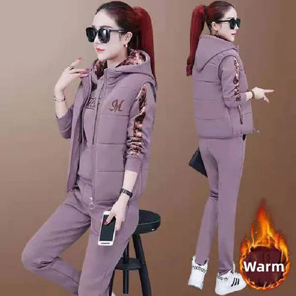 Winter 3 Pcs/Set Women Waistcoat Top Pants Set Letter Embroidery Ladies Winter Tracksuit Color Block Three-piece Sweatpants Set