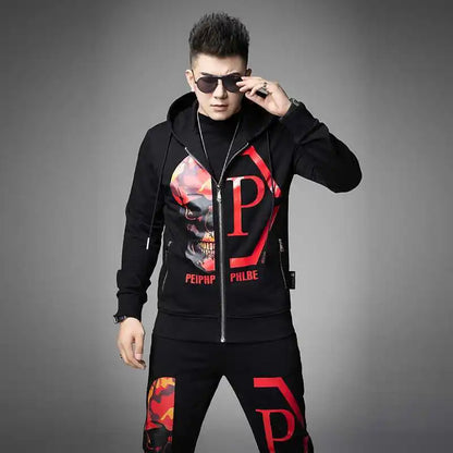 2024 Mens Two Piece Sets Fashion Streetwear Casual Winter Suits Skull Pattern Hooded Black Tracksuit Men Clothes Ropa De Hombre.