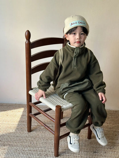 2025 Winter New Children Polar Fleece Sweatshirt Set Boys Girls Plus Velvet Thick Warm 2pcs Suit Kids Casual Sports Outfits