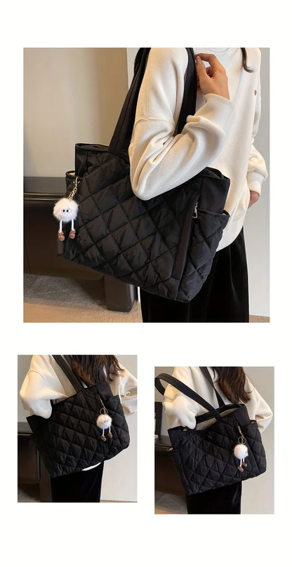 Black Large Capacity Handbag with Square Pattern, Durable Quilted Material, Multiple Pockets for Easy Storage & Cute Plush Charm.