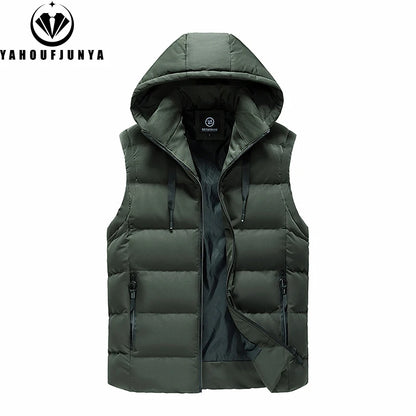 Men Autumn Sleeveless Outdoors Casual Solid Warm Vest Men Winter Detachable Hooded Fleece Pocket Zipper Fashion Vest Male Coat.