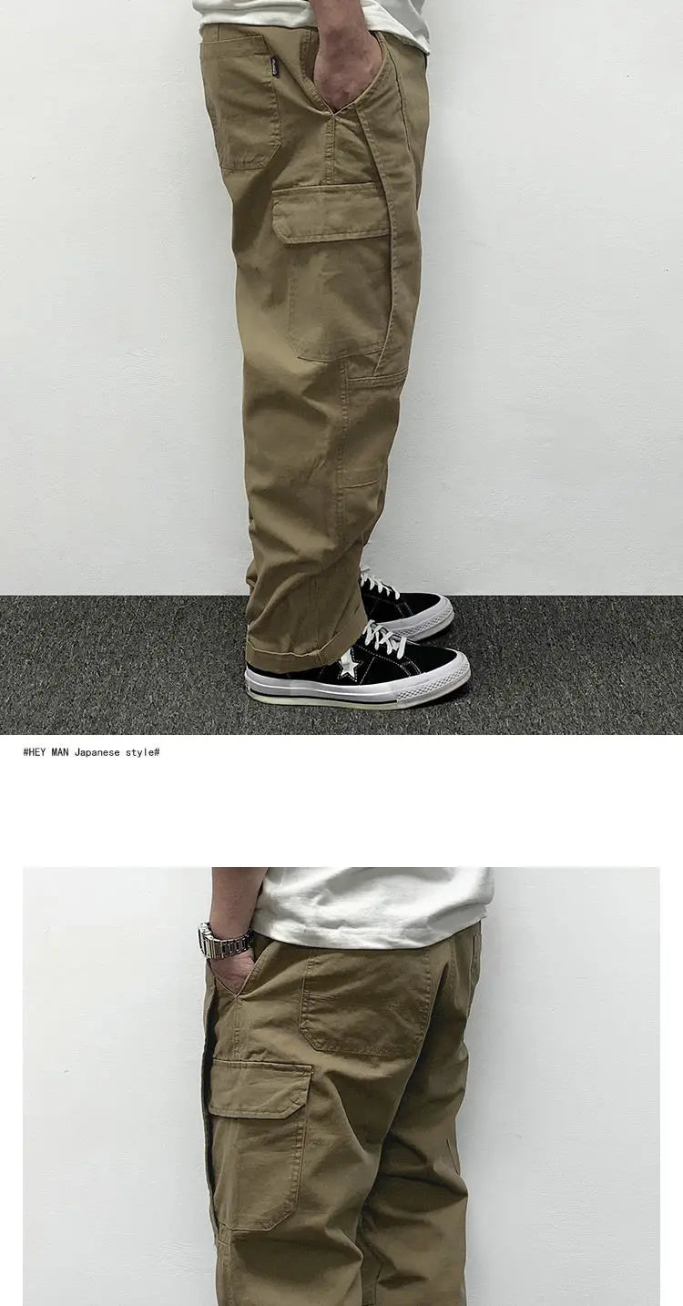 Autumn Men's Pants Multi-Pocket Cargo Pants Retro Solid Color Simple Loose Button Elastic Strap Casual Pants.