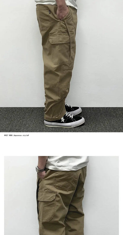 Autumn Men's Pants Multi-Pocket Cargo Pants Retro Solid Color Simple Loose Button Elastic Strap Casual Pants.
