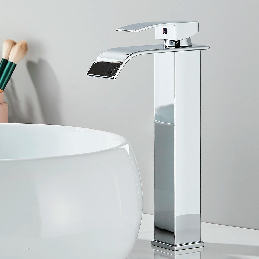 Chrome Bathroom Basin Faucet Waterfall Faucet Single Handle Wide Spout High Style Hot Cold Water Tap  for Bathroom
