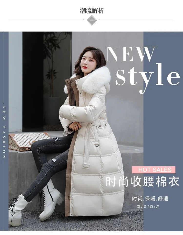2024 neue Winter frauen Gepolsterte Jacken Mid-länge Modische Mit Kapuze Große Pelz Kragen Lose Dicke Unten Baumwolle Oberbekleidung damen.