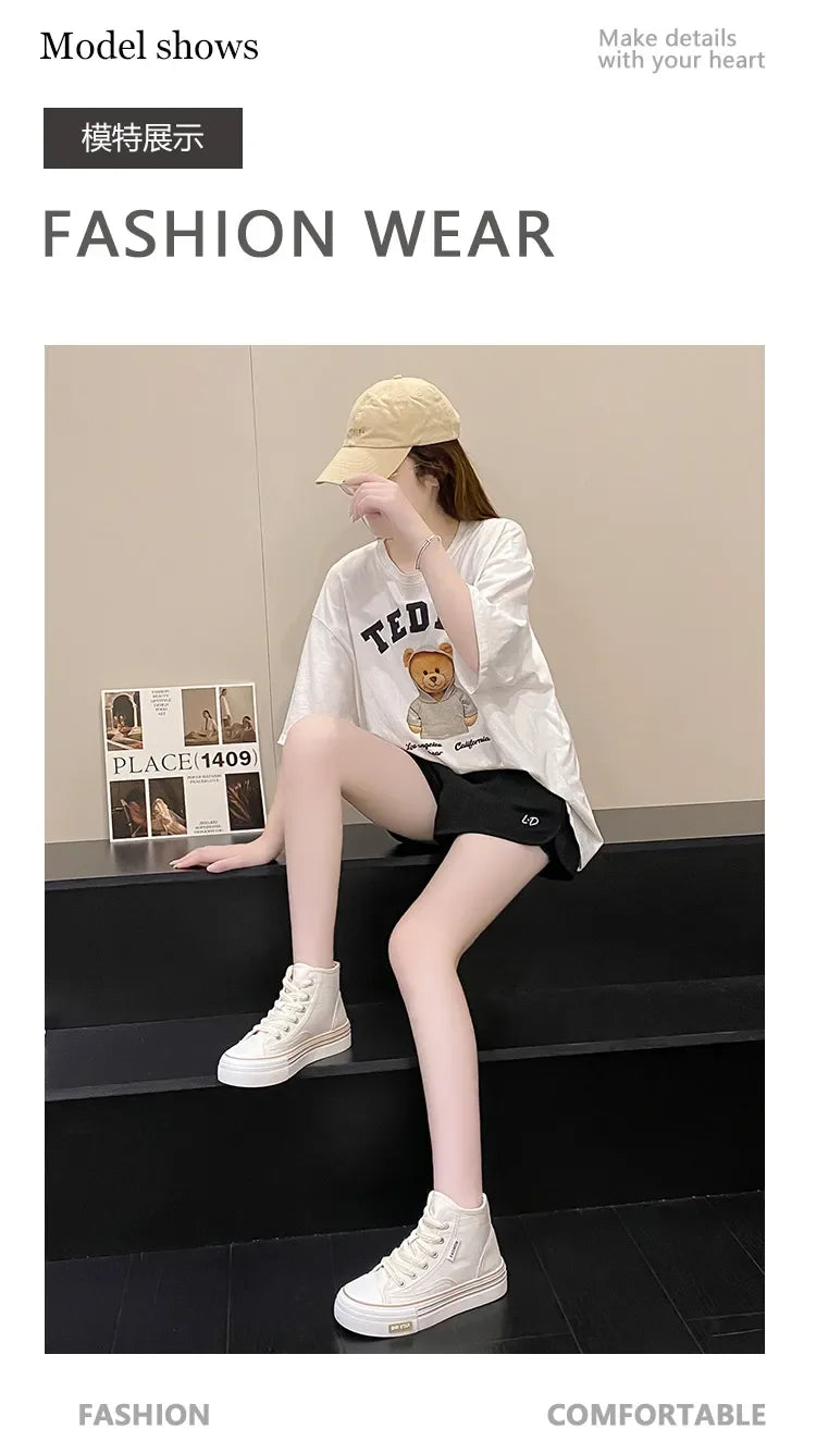 Maogu Women Autumn 2023 New Fashion Thick Platform Leisure Sports Shoe White Sneakers Breathable Casual High Top Canvas Shoes 40.