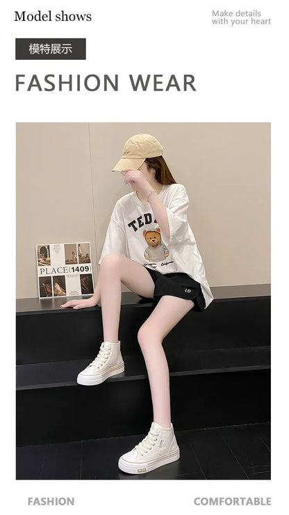 Maogu Women Autumn 2023 New Fashion Thick Platform Leisure Sports Shoe White Sneakers Breathable Casual High Top Canvas Shoes 40.